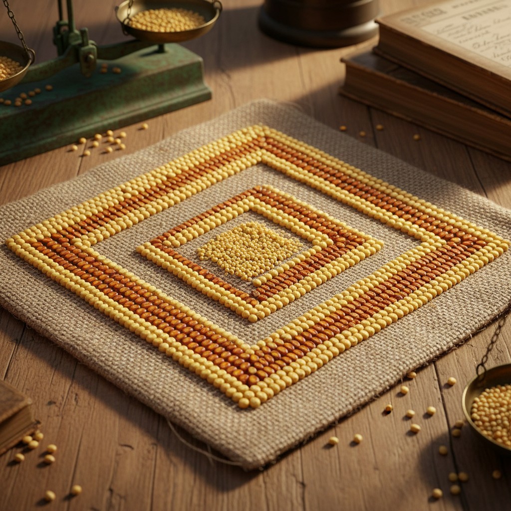 Mosaic made of kernels for corn on an off-white woven mat. The work is surrounded by a stack of notebooks to the right and...