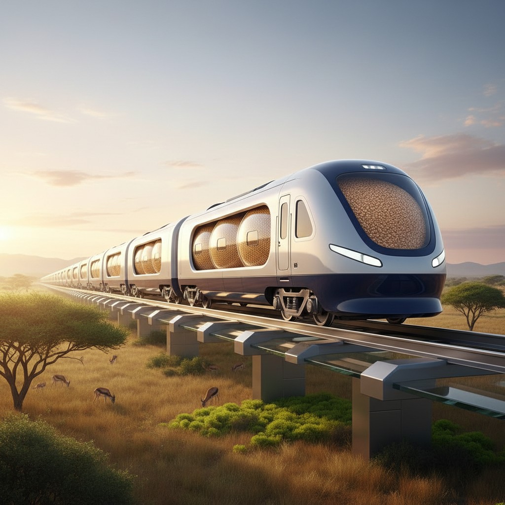A futuristic train passes through an anthropologically balanced savannah landscape, highlighting biophilic design that ins...