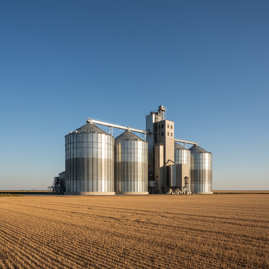 A large, tall metal grain silo, situated amongst a grain field.
