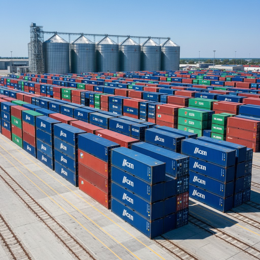 Large shipping yard with rows of stacked shipping containers and silos in the background.