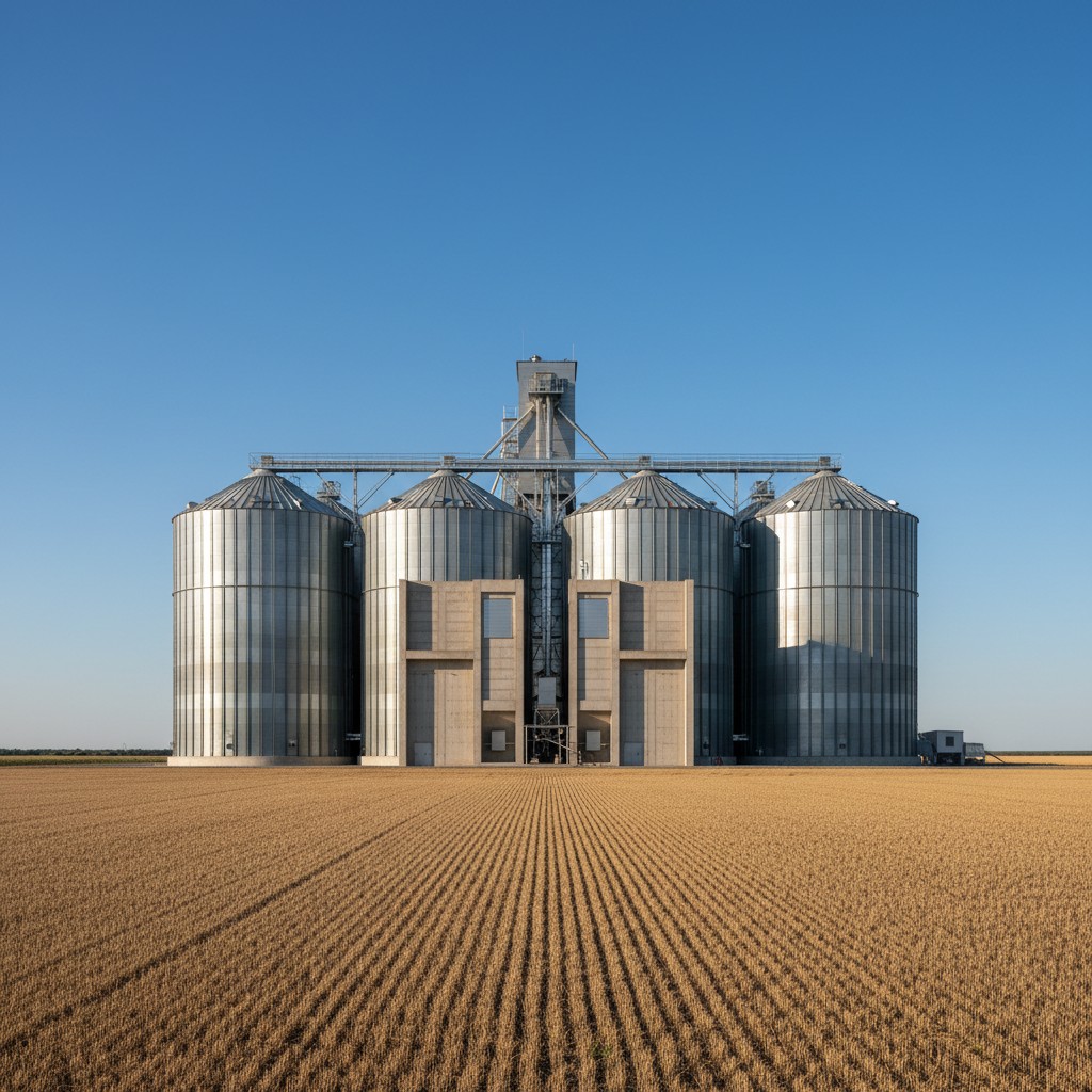 A large silver grain storage silo in a rural area on a blue sky day, with lines marking a harvested crop field.